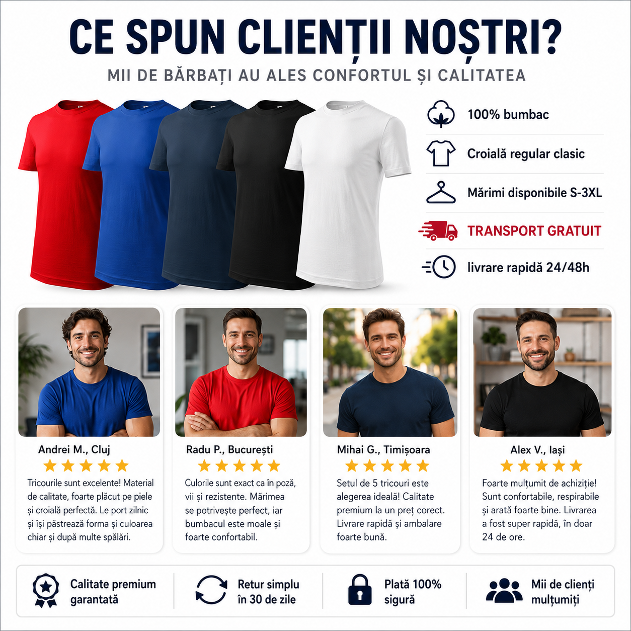 Set 5 tricouri bărbați 100% bumbac potrivit pentru cadou alb negru albastru marin roșu albastru